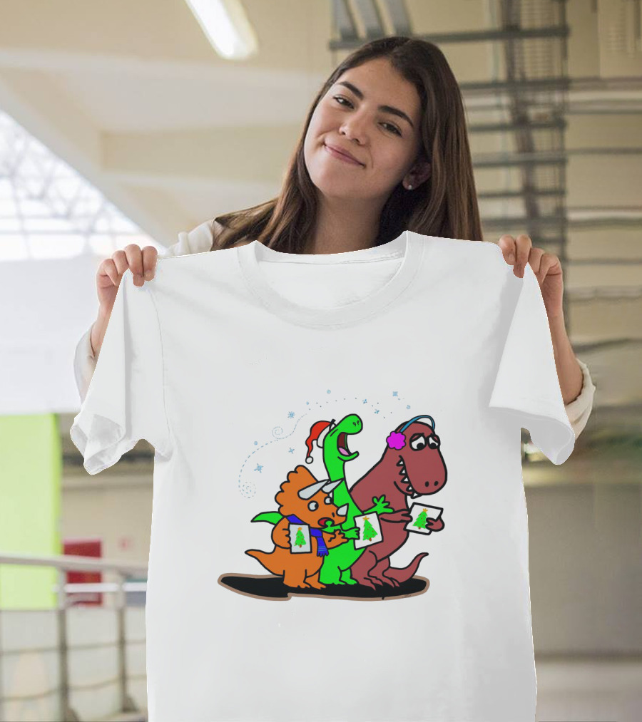 Dinosaur Trio Singing Christmas Carols With Festive Hats And Tree Cards T-Shirt
