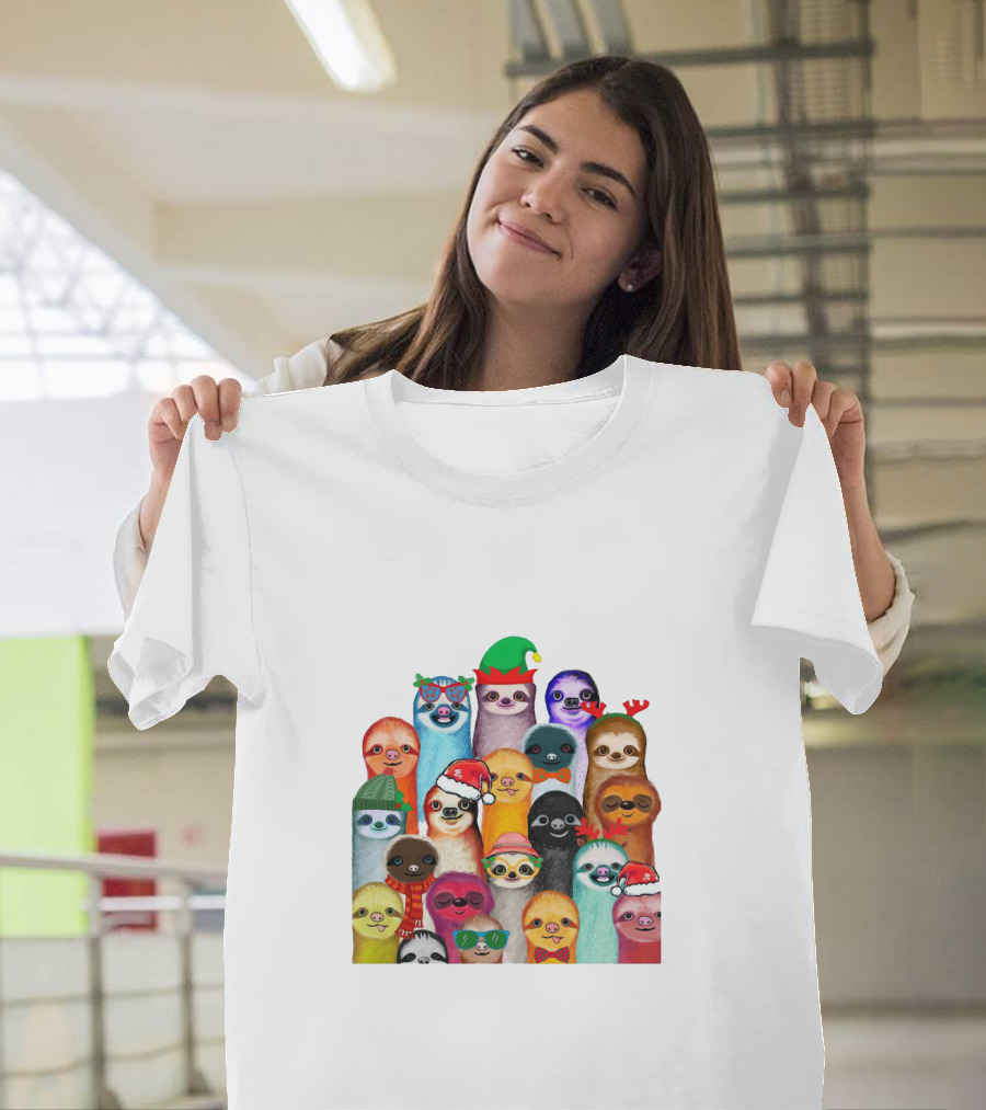 Christmas Sloths Wearing Festive Accessories And Colorful Hats T-Shirt