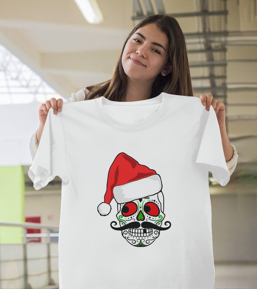 Santa Hat Festive Sugar Skull Christmas T-Shirt