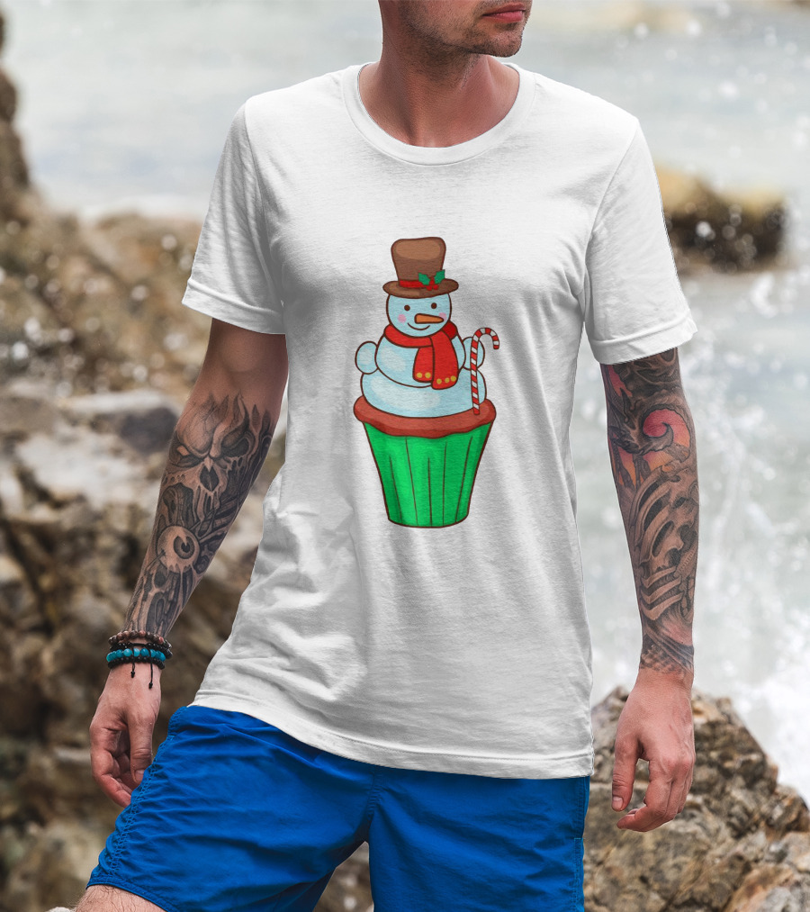Xmas Cupcake Muffins With Snowman And Candy Cane Holiday T-Shirt