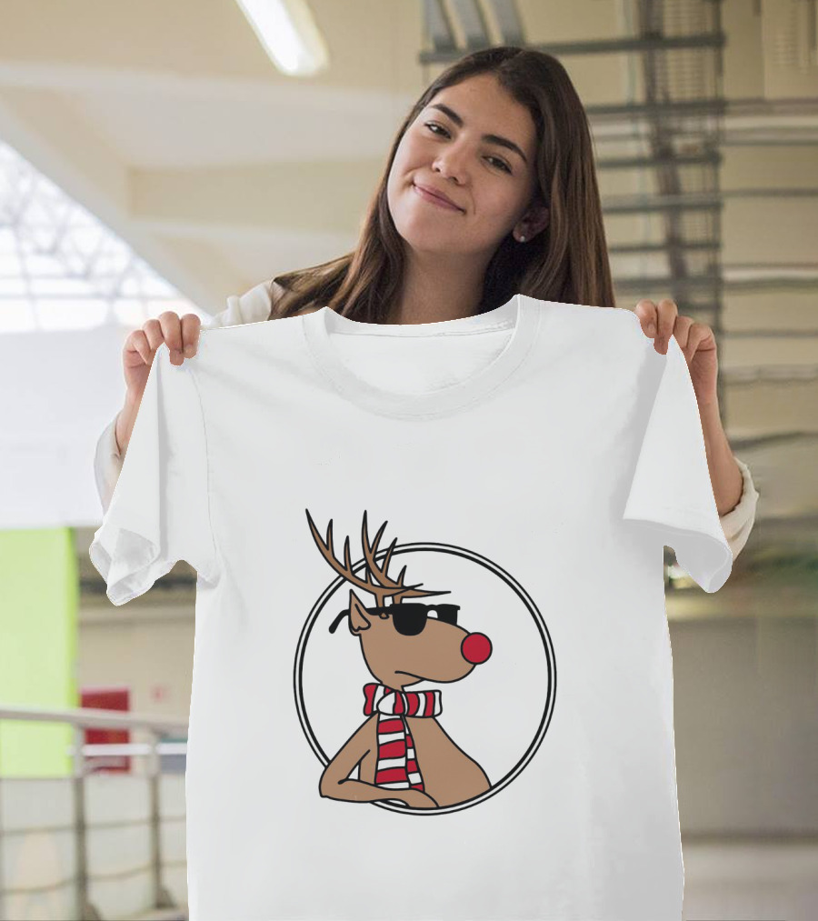 Deer Cool Reindeer In Sunglasses And Striped Scarf T-Shirt