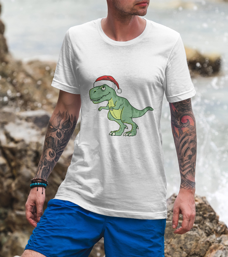 Christmas Dinosaur Wearing Santa Hat T-Shirt