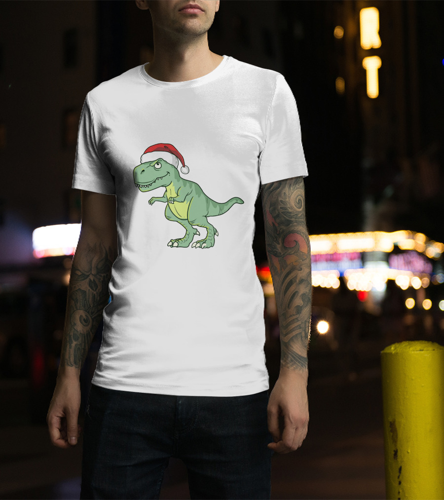 Christmas Dinosaur Wearing Santa Hat T-Shirt