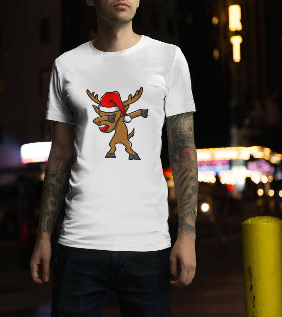 Funny Dabbing Reindeer With Santa Hat Christmas Costume T-Shirt