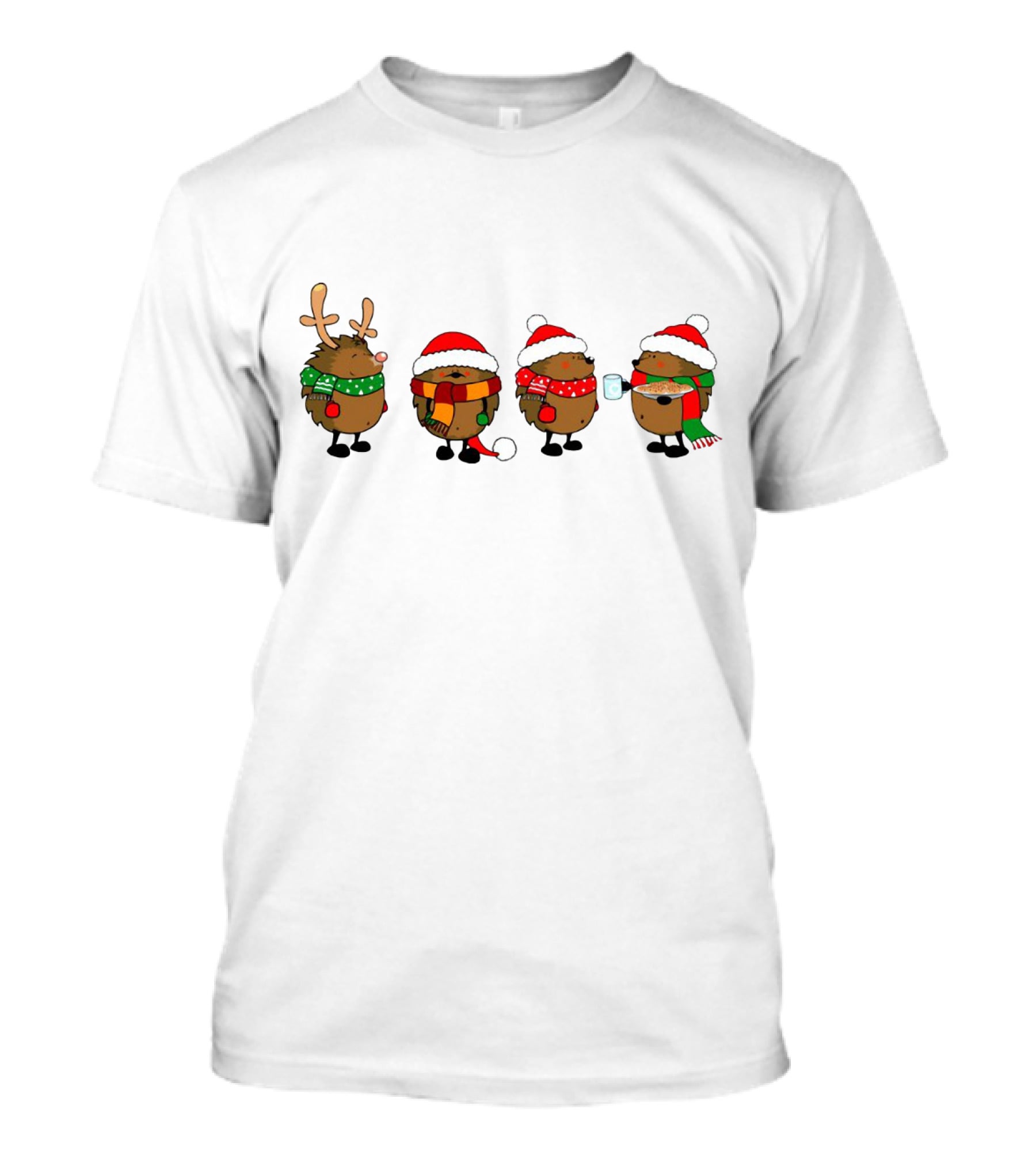 Hedgehogs Christmas Santa Hats Reindeer Antlers Scarf And Mug T-Shirt