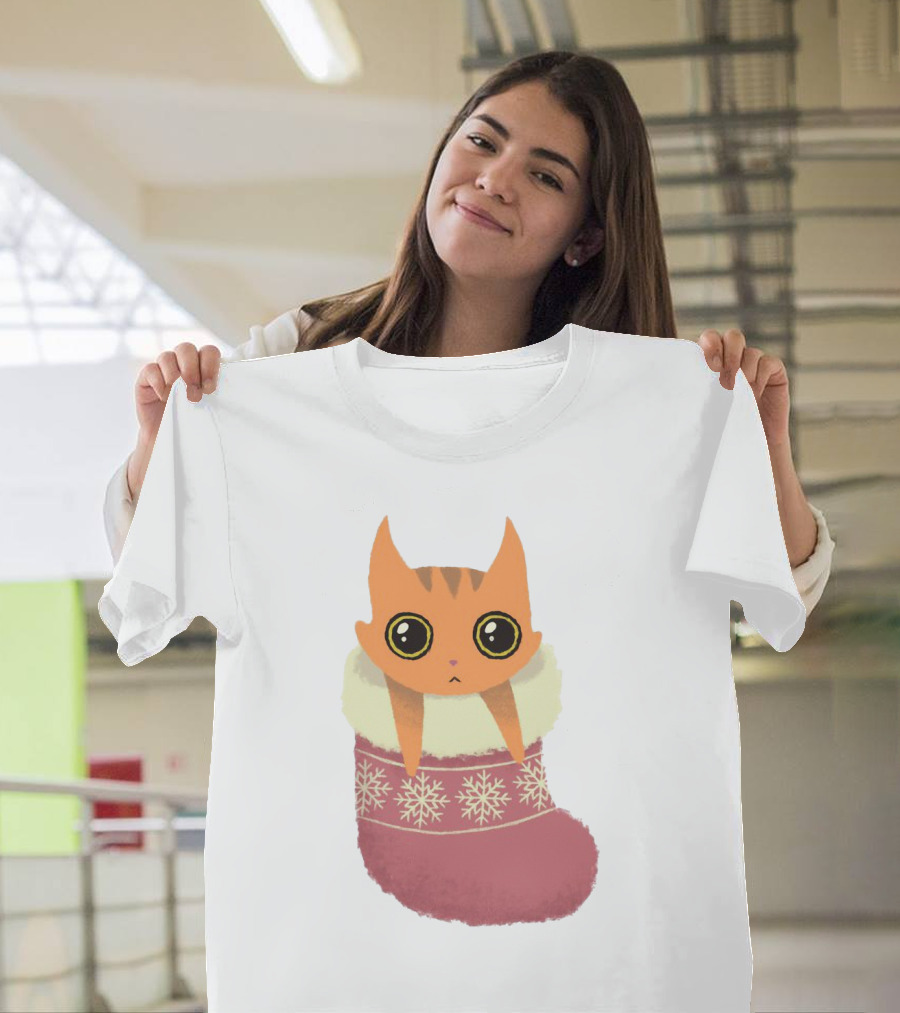 Adorable Orange Cat in Festive Christmas Stocking with Snowflake T-Shirt