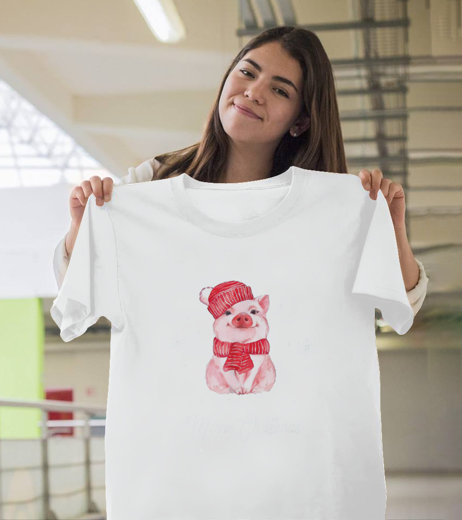 Merry Christmas Cute Pig With Red Scarf And Hat T-Shirt