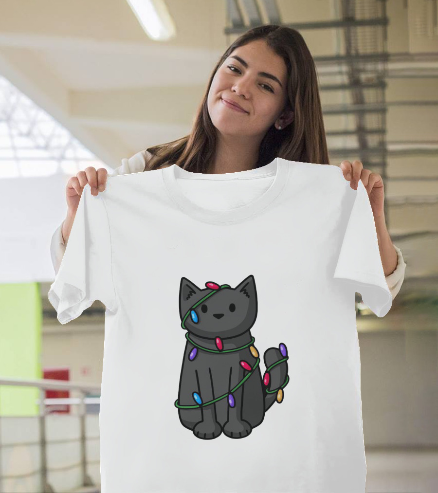 Wrapped Up In Lights Adorable Cat Tangled in Colorful Holiday String Bulbs T-Shirt