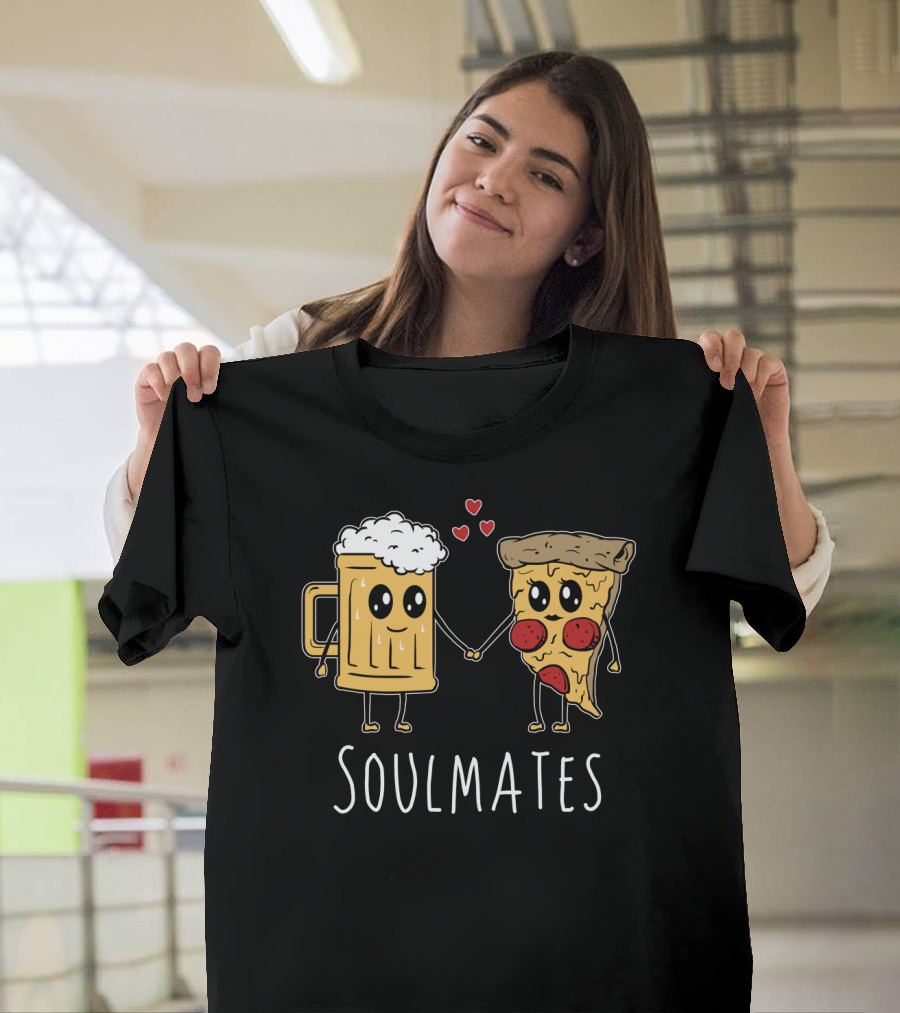 Soulmates Beer And Pizza Holding Hands With Hearts T-Shirt