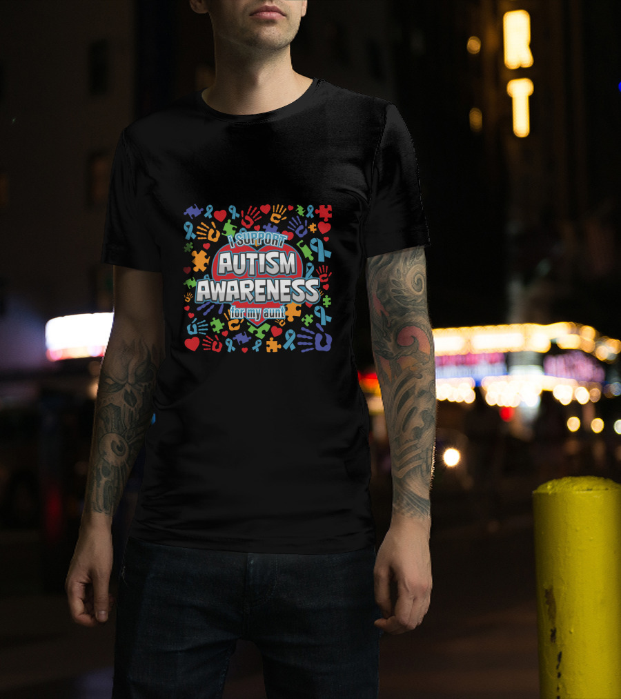 I Support Autism Awareness For My Aunt Colorful Puzzle Ribbon Hearts Hands T-Shirt
