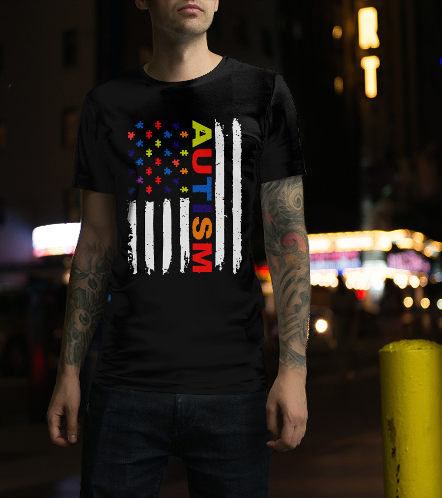 Autism Awareness Flag Design With Colorful Puzzle Pieces And Vertical Stripes T-Shirt