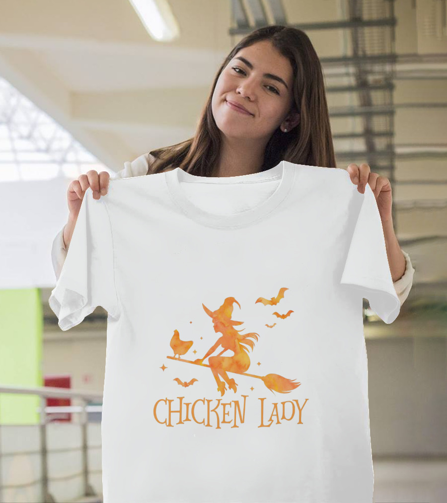 Chicken Lady Witch on Broomstick with Chicken and Flying Bats T-Shirt