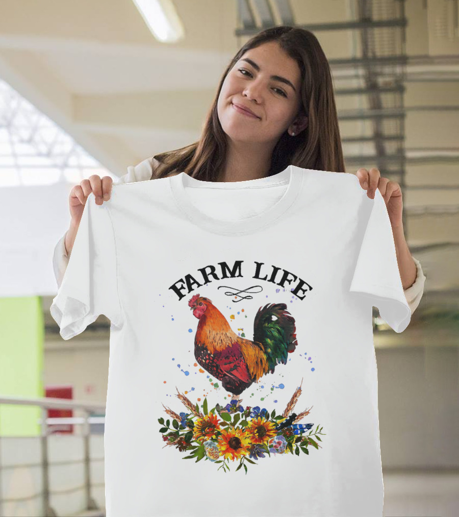 Farm Life Chicken Rooter With Colorful Rooster And Floral Arrangement T-Shirt