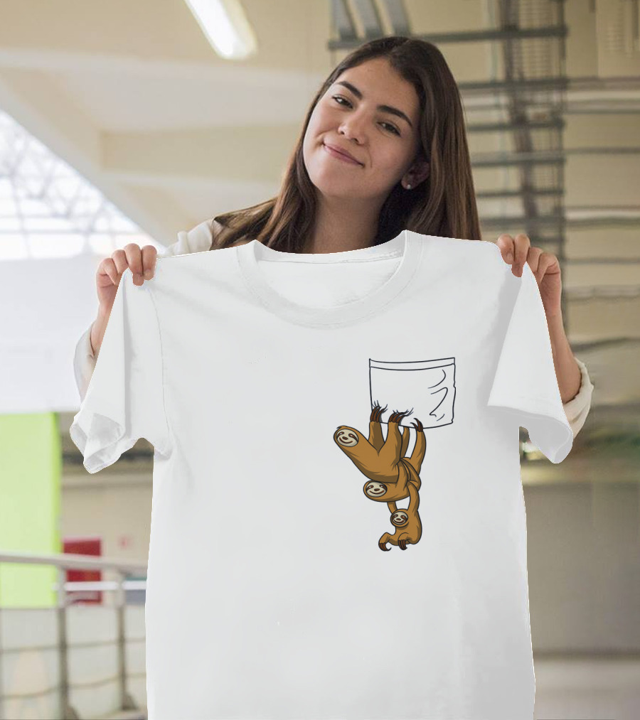 Lazy Sloth Trio Hanging from Drawn Pocket Outline T-Shirt