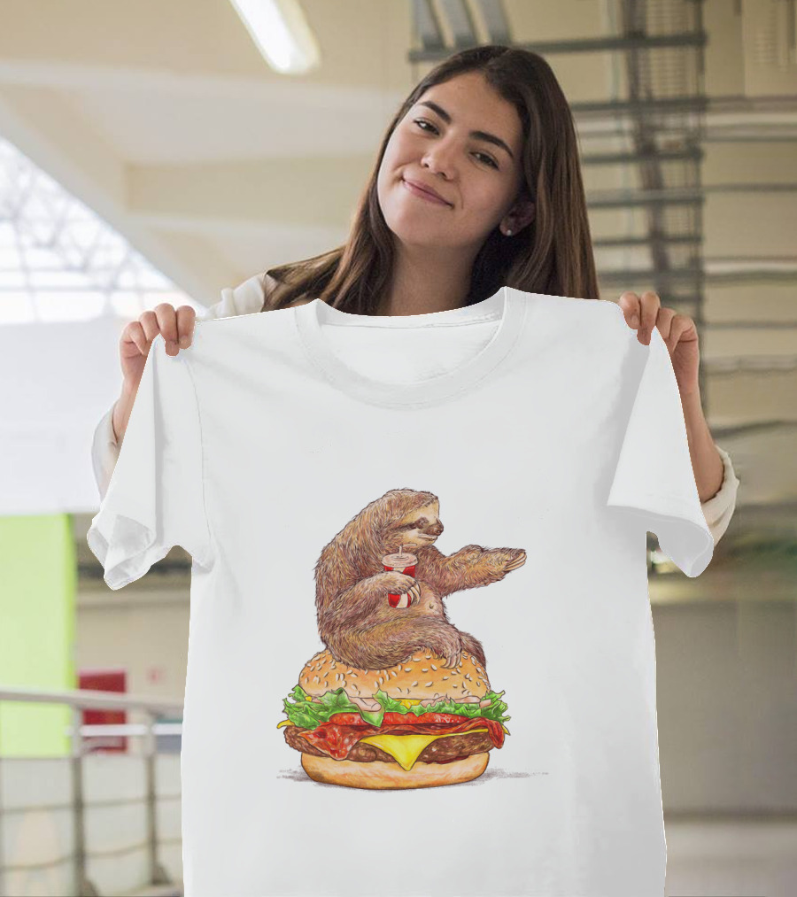 Sloths Going Nowhere Sloth Contentedly Enjoying Drink on Giant Hamburger T-Shirt