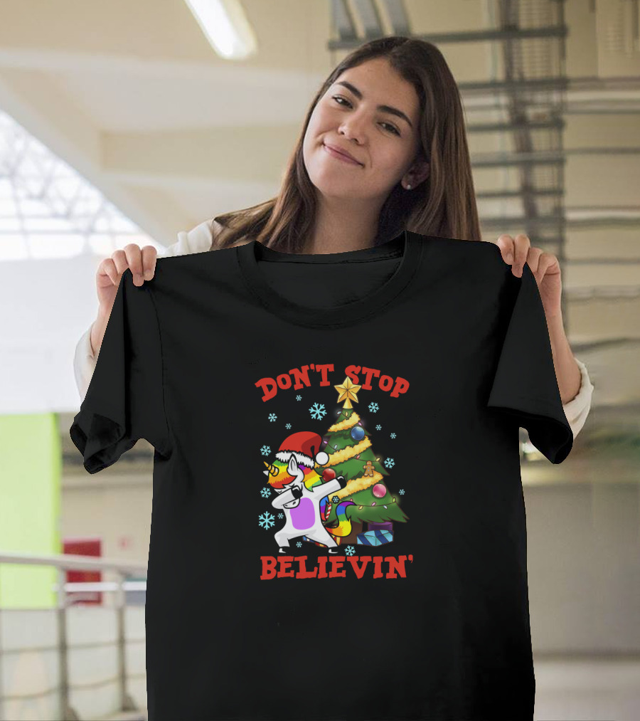Don't Stop Believin' Christmas Unicorn Dabbing with Festive Tree and Snowflakes T-Shirt