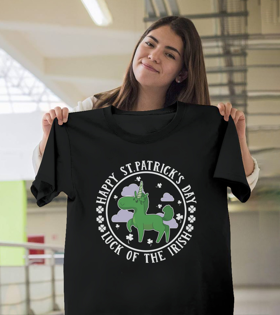 Happy St. Patrick's Day Luck Of The Irish Green Unicorn Clover Clouds T-Shirt