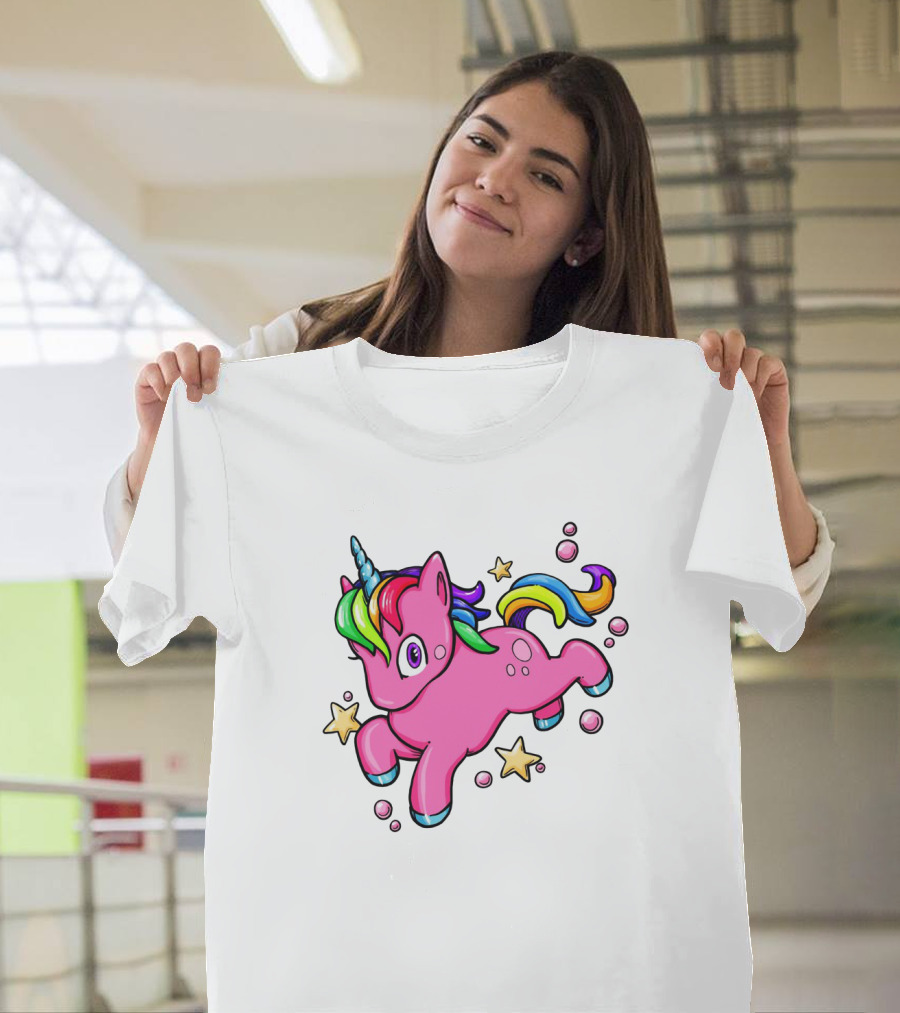 Playful Pink Unicorn with Rainbow Mane and Colorful Stars T-Shirt