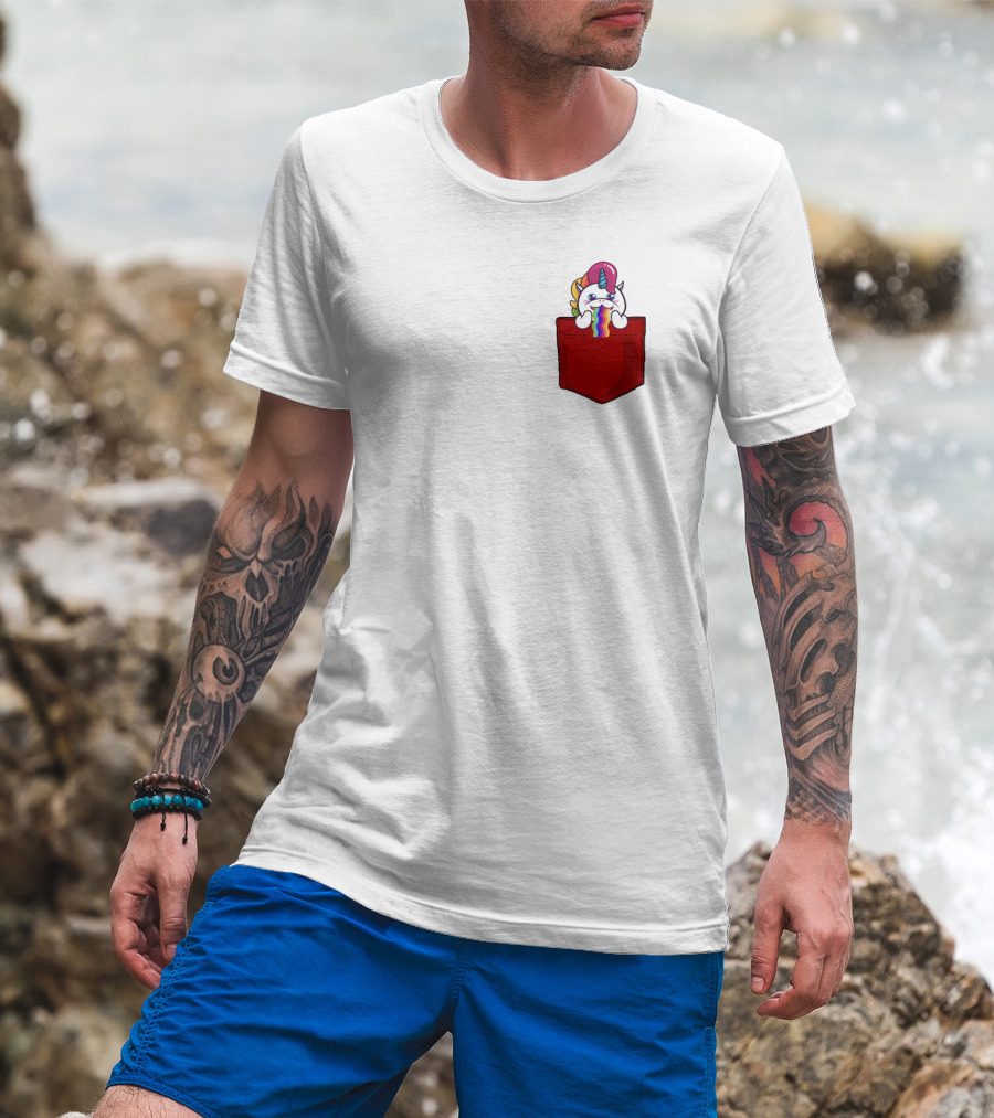 Crying Rainbow Unicorn In Red Pocket T-Shirt