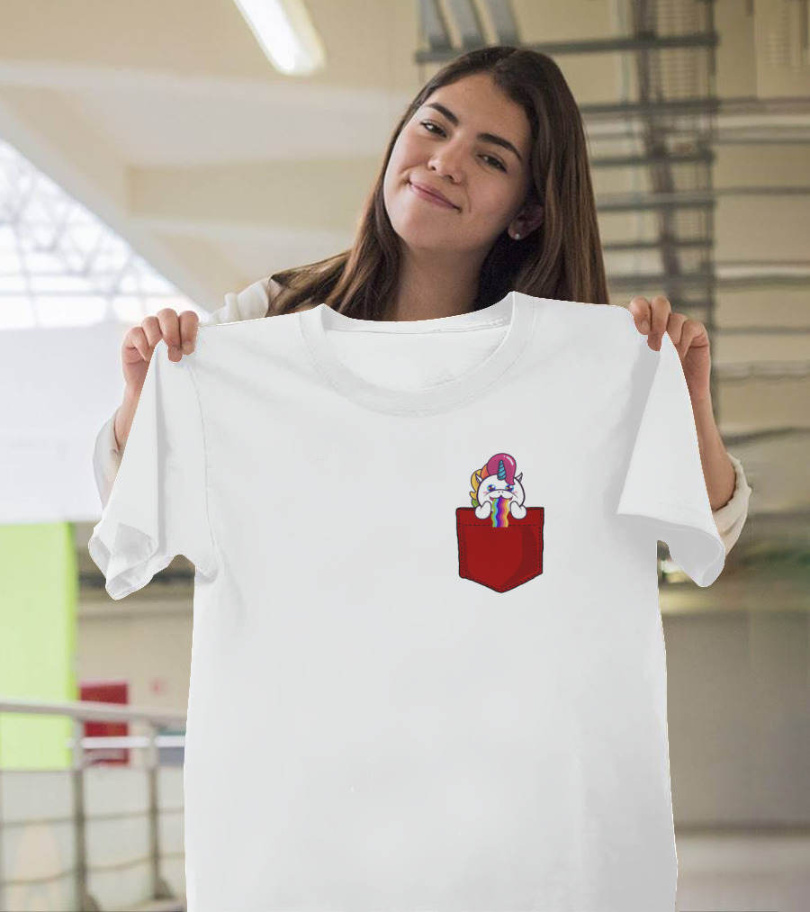 Crying Rainbow Unicorn In Red Pocket T-Shirt