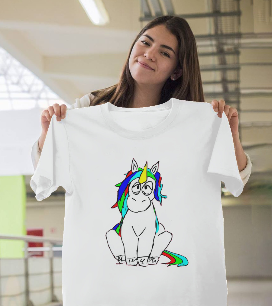 Exhausted Rainbow-Haired Unicorn Sitting with Messy Frizzy Mane T-Shirt