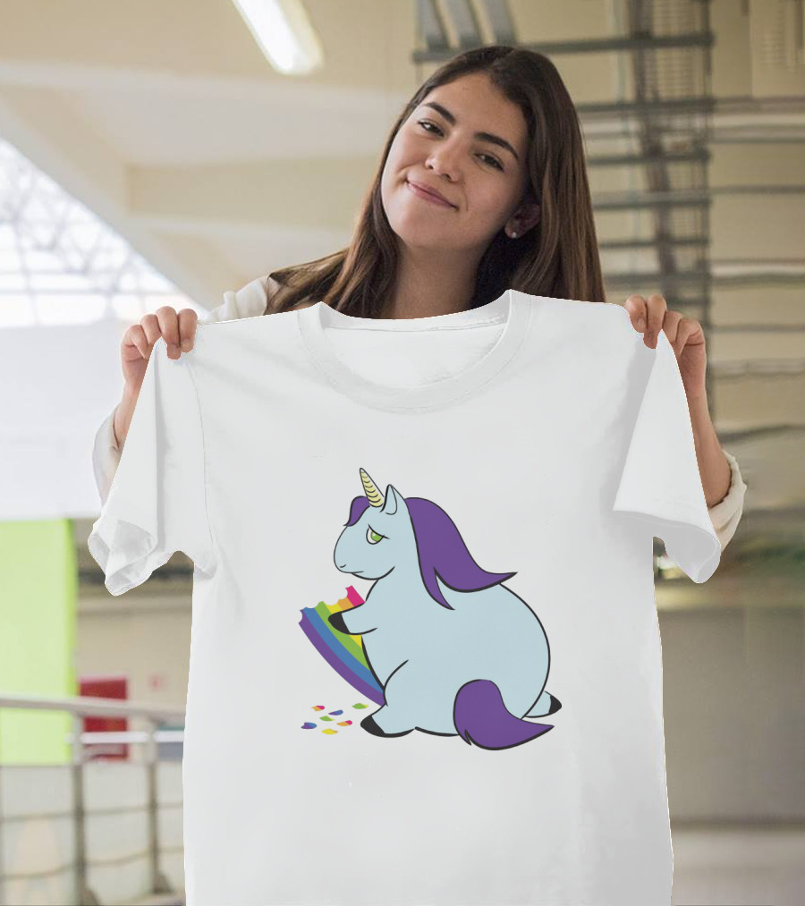 Chubby Unicorn Eating Colorful Rainbow with Purple Mane and Tail T-Shirt