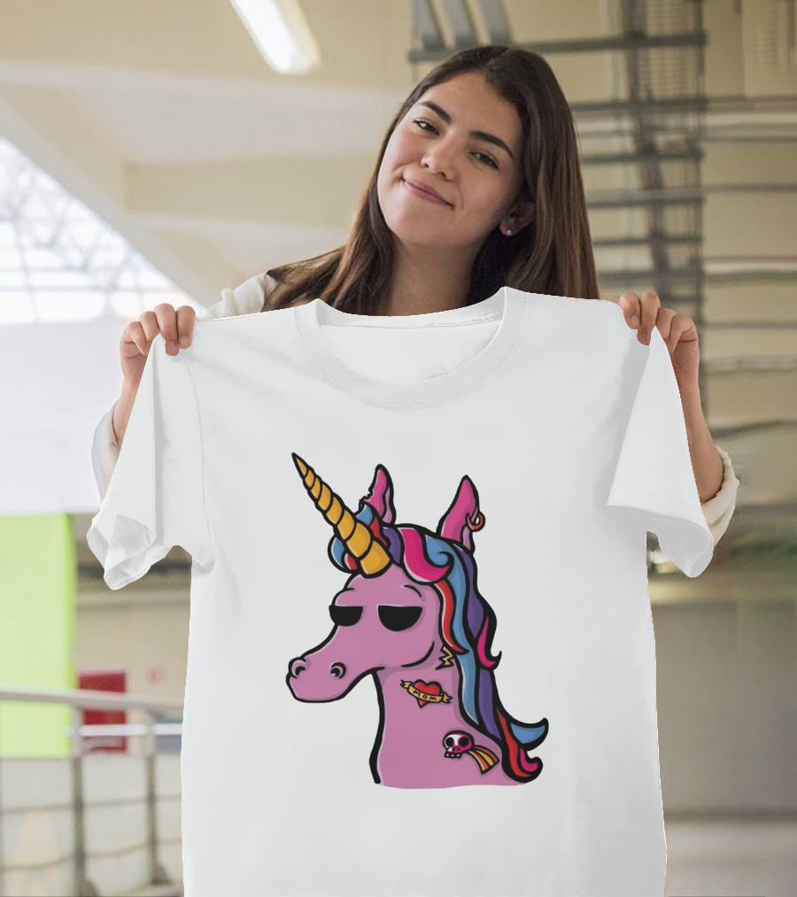 Badass Unicorn with Tattoo and Sunglasses Featuring Vibrant Colors and Skull Heart Tattoo T-Shirt