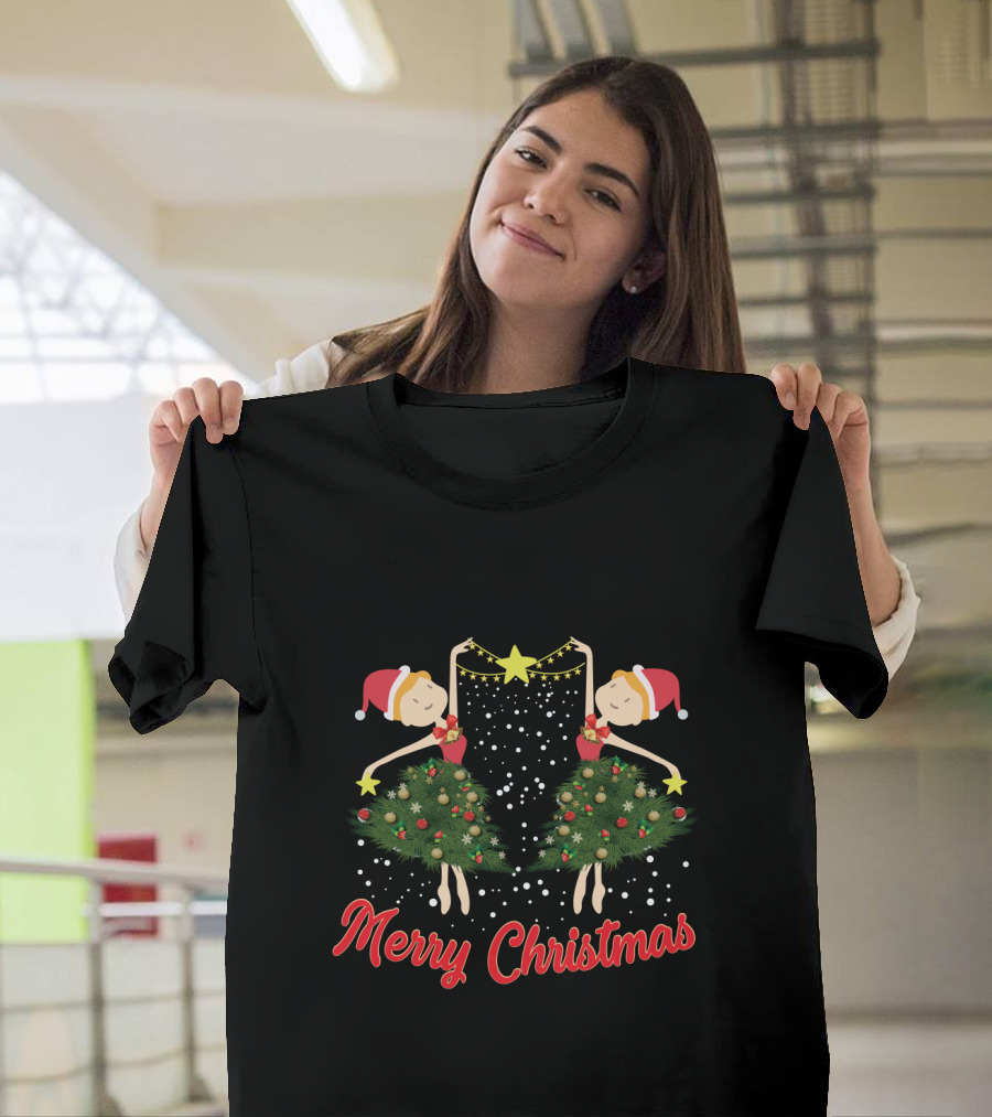 Merry Christmas Ballet Dancers With Festive Santa Hats And Holiday Tree Dresses T-Shirt