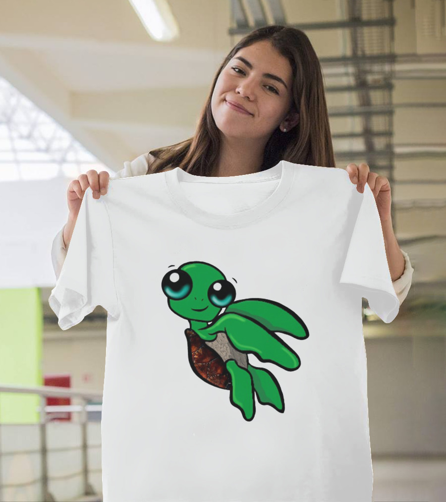 Funky Turtle Cute Green Cartoon Character with Big Eyes T-Shirt