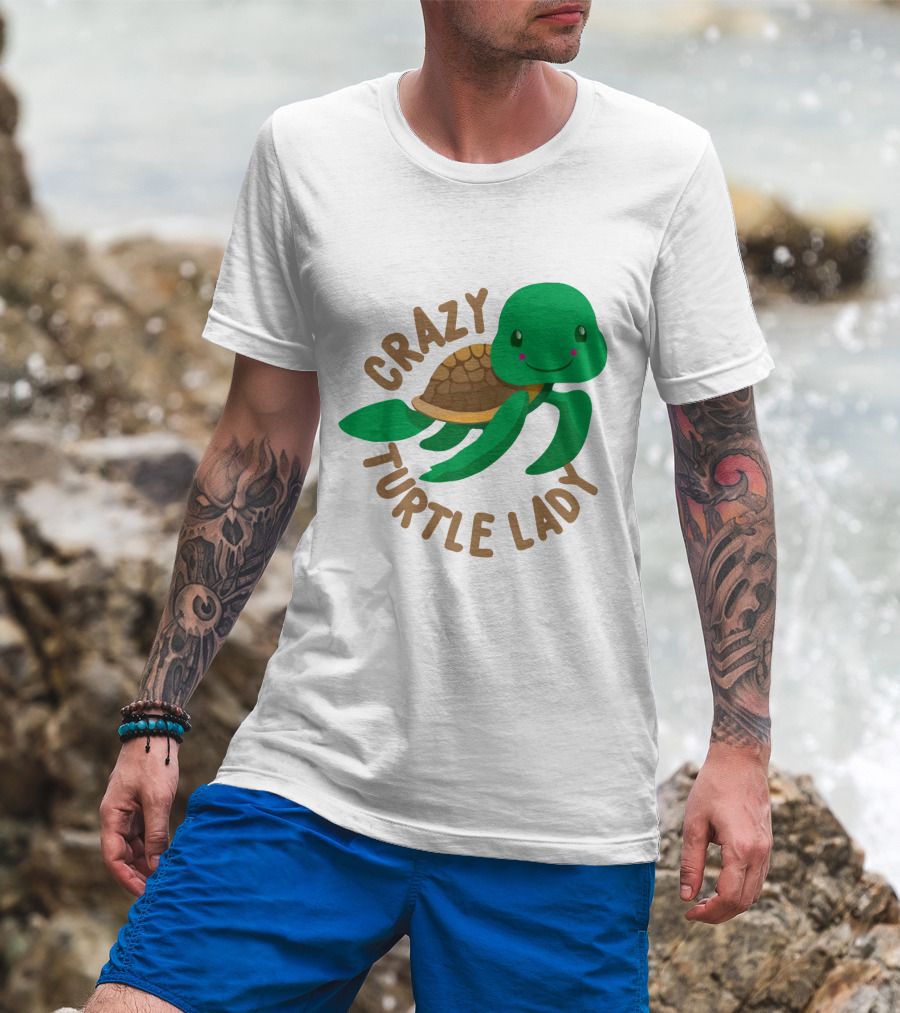 Crazy Turtle Lady Cute Green Cartoon Style Turtle With Happy Face T-Shirt