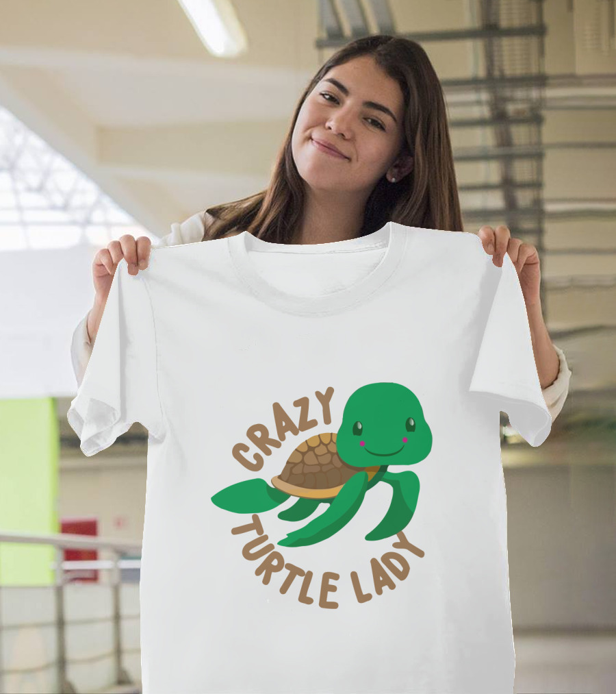 Crazy Turtle Lady Cute Green Cartoon Style Turtle With Happy Face T-Shirt