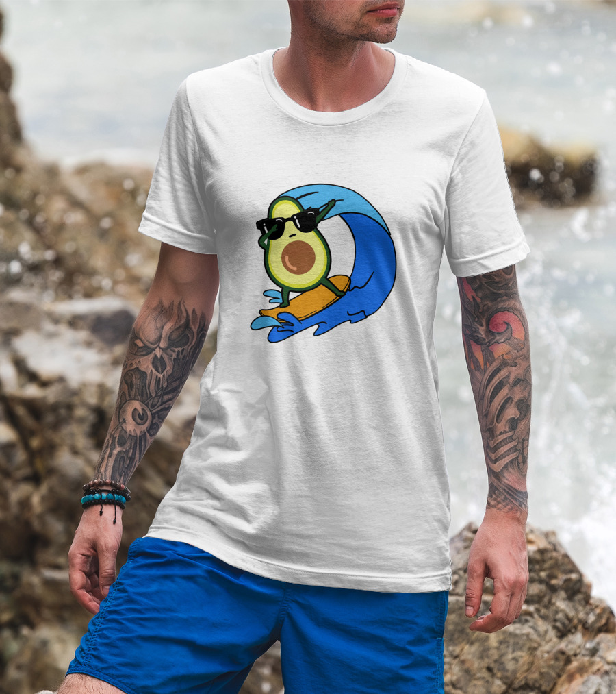Avocado Wearing Sunglasses Riding Blue Ocean Wave T-Shirt