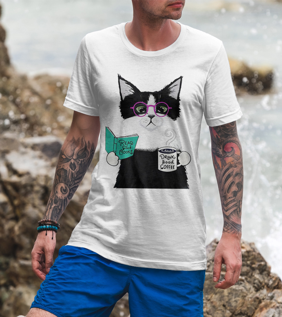 Read Good Books Drink Good Coffee Cat With Glasses T-Shirt