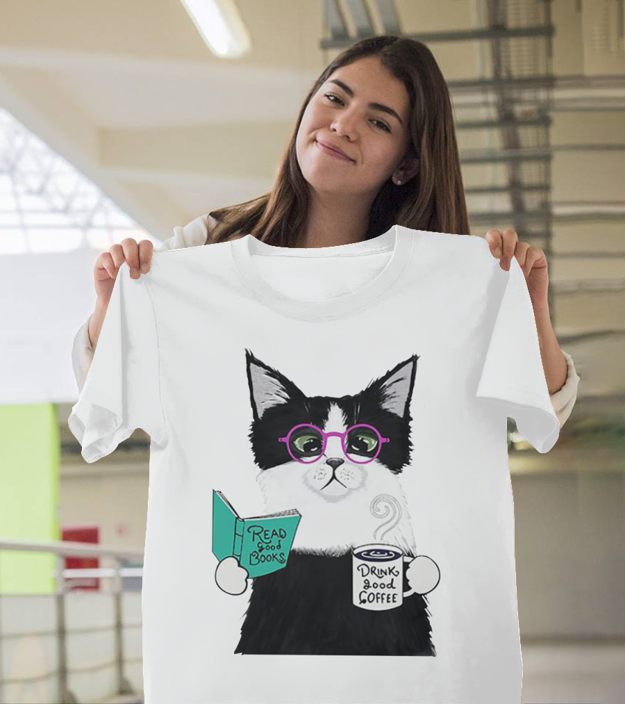 Read Good Books Drink Good Coffee Cat With Glasses T-Shirt