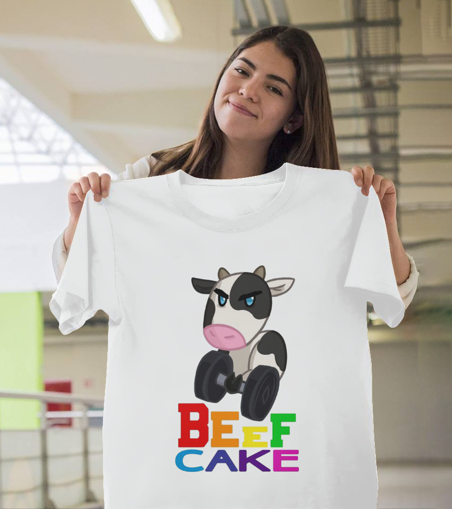 Beefcake Cow Lifting Dumbbells Cartoon T-Shirt