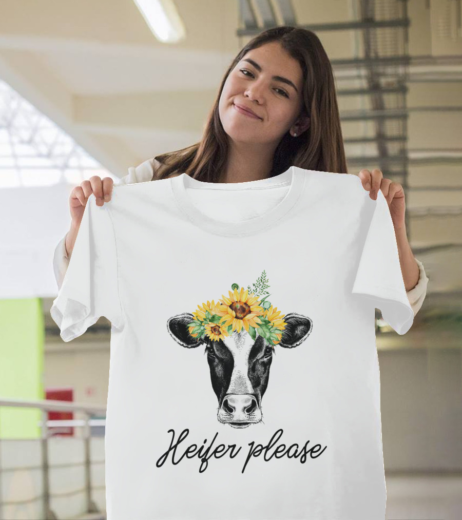 Heifer Please Cow With Sunflower Headbands And Bandana T-Shirt