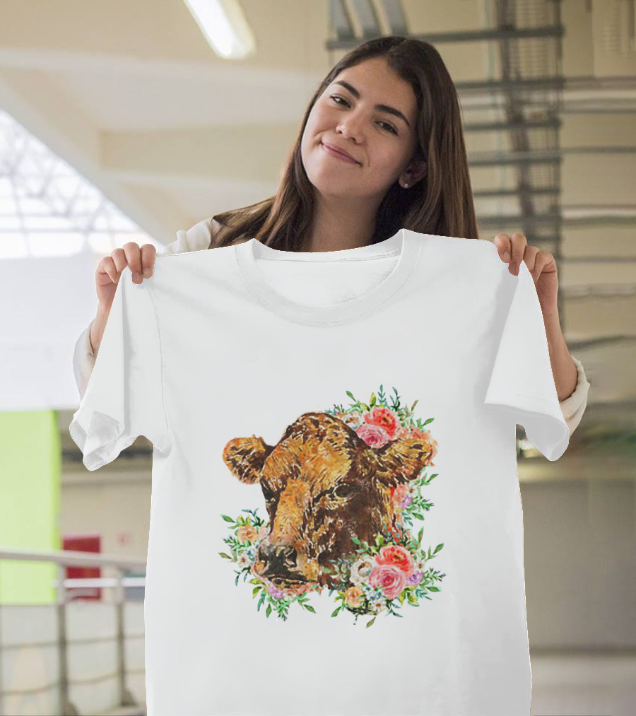 Cow With Floral Accents And Cute Cow Flower Style Motif T-Shirt