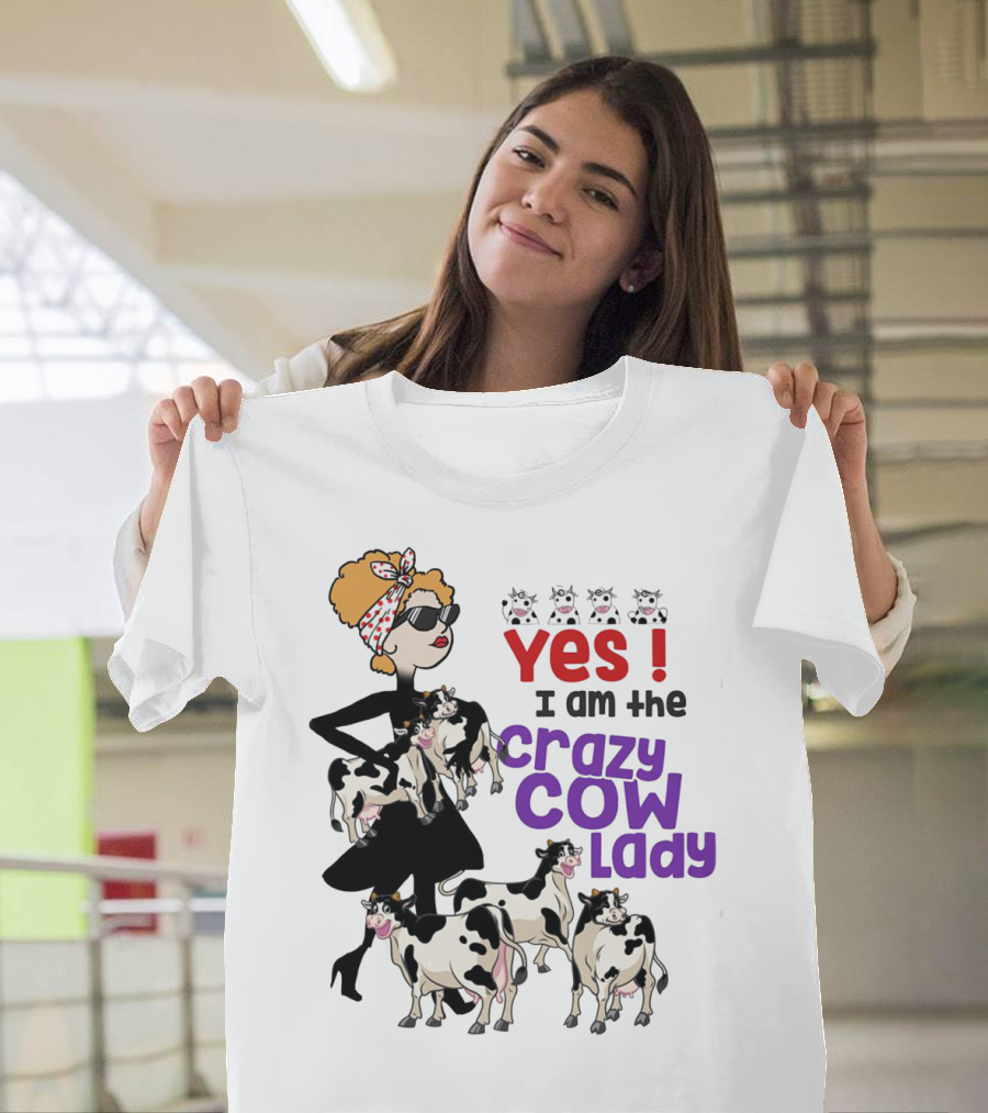 Yes I Am the Crazy Cow Lady with Cartoon Cows and Stylish Woman in Red Bandana and Sunglasses T-Shirt