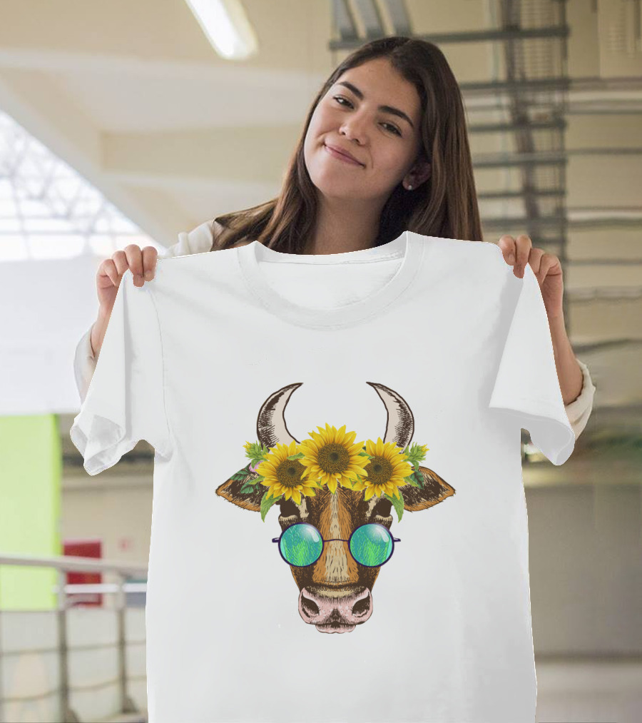 Cute Cow with Sunflower and Sunglasses Headpiece T-Shirt