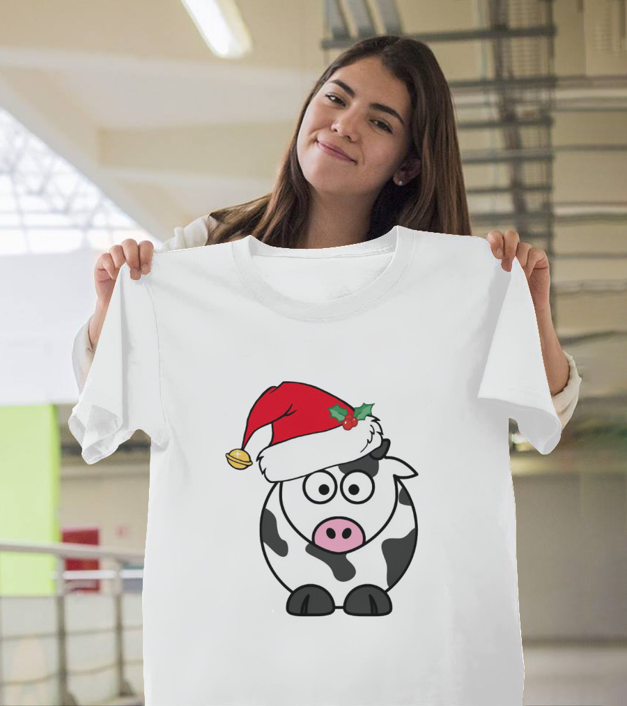 Cartoon Cow with Santa Hat and Holly Christmas Charm T-Shirt