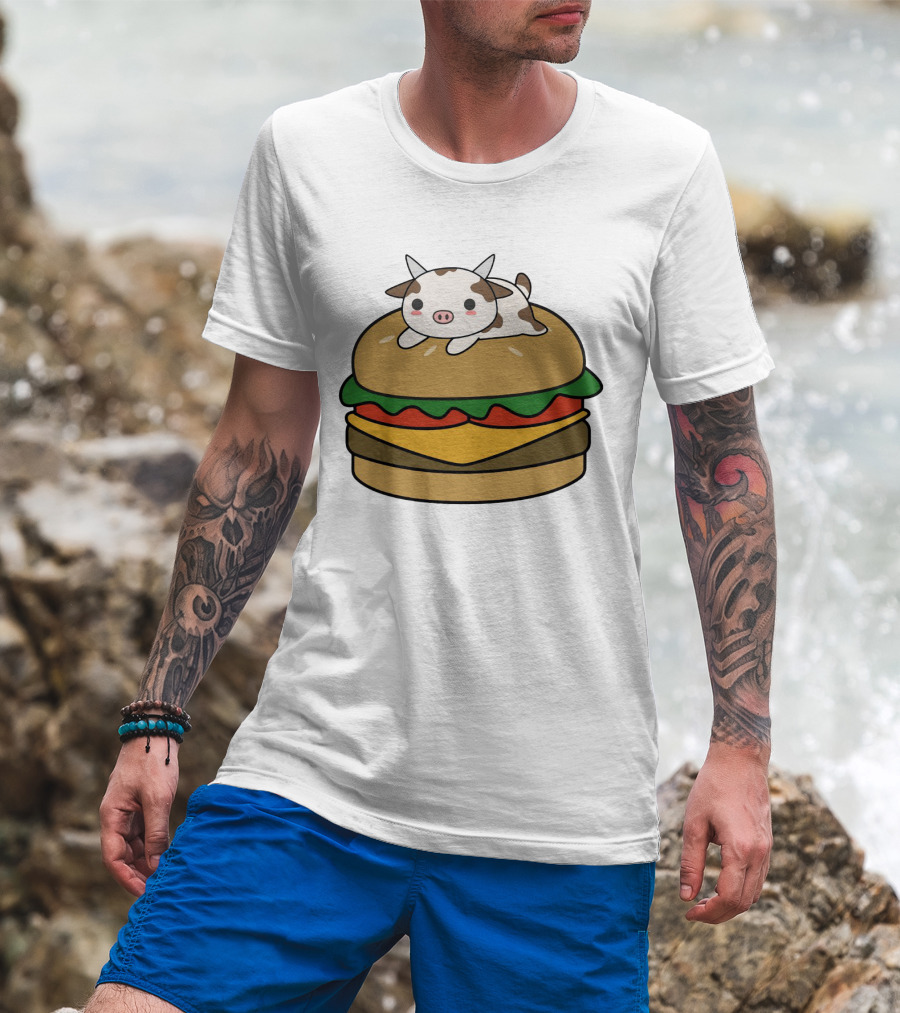 Funny Burger Cow Kawaii Cartoon Cheeseburger With Cute Animal Topping T-Shirt