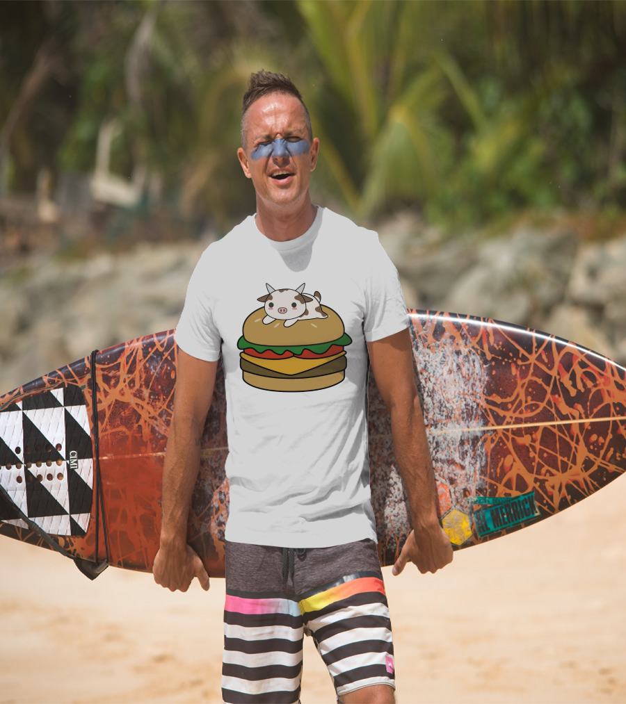 Funny Burger Cow Kawaii Cartoon Cheeseburger With Cute Animal Topping T-Shirt