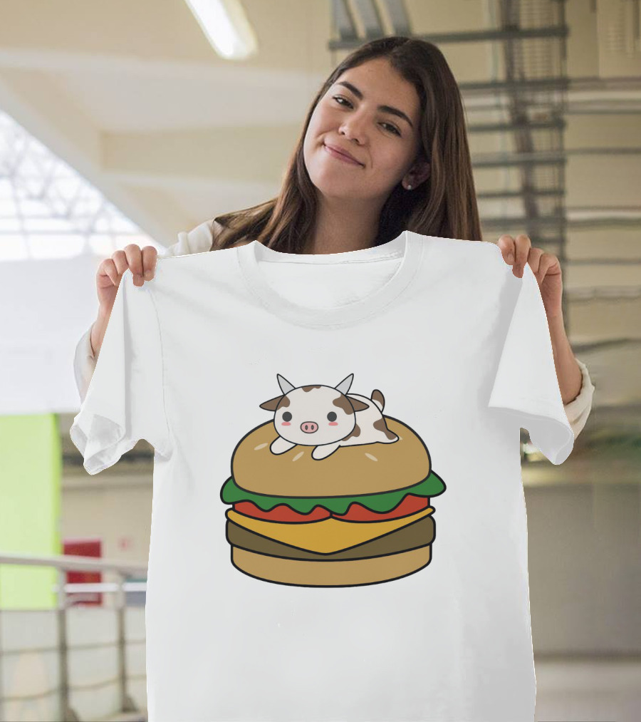 Funny Burger Cow Kawaii Cartoon Cheeseburger with Cute Animal Topping T-Shirt