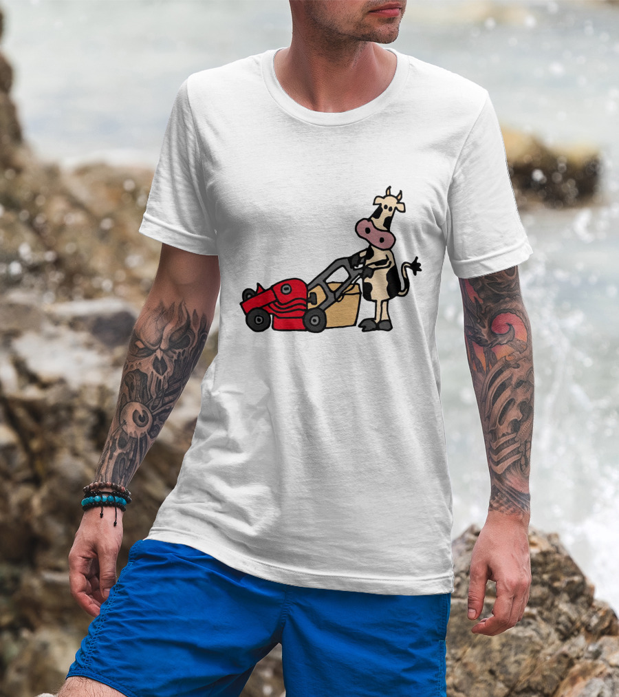 Funny Cow Mowing Grass Cartoon With Red Lawn Mower T-Shirt