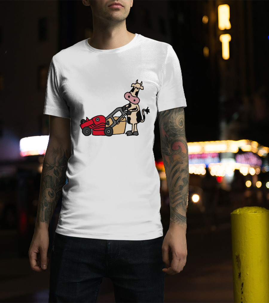 Funny Cow Mowing Grass Cartoon With Red Lawn Mower T-Shirt