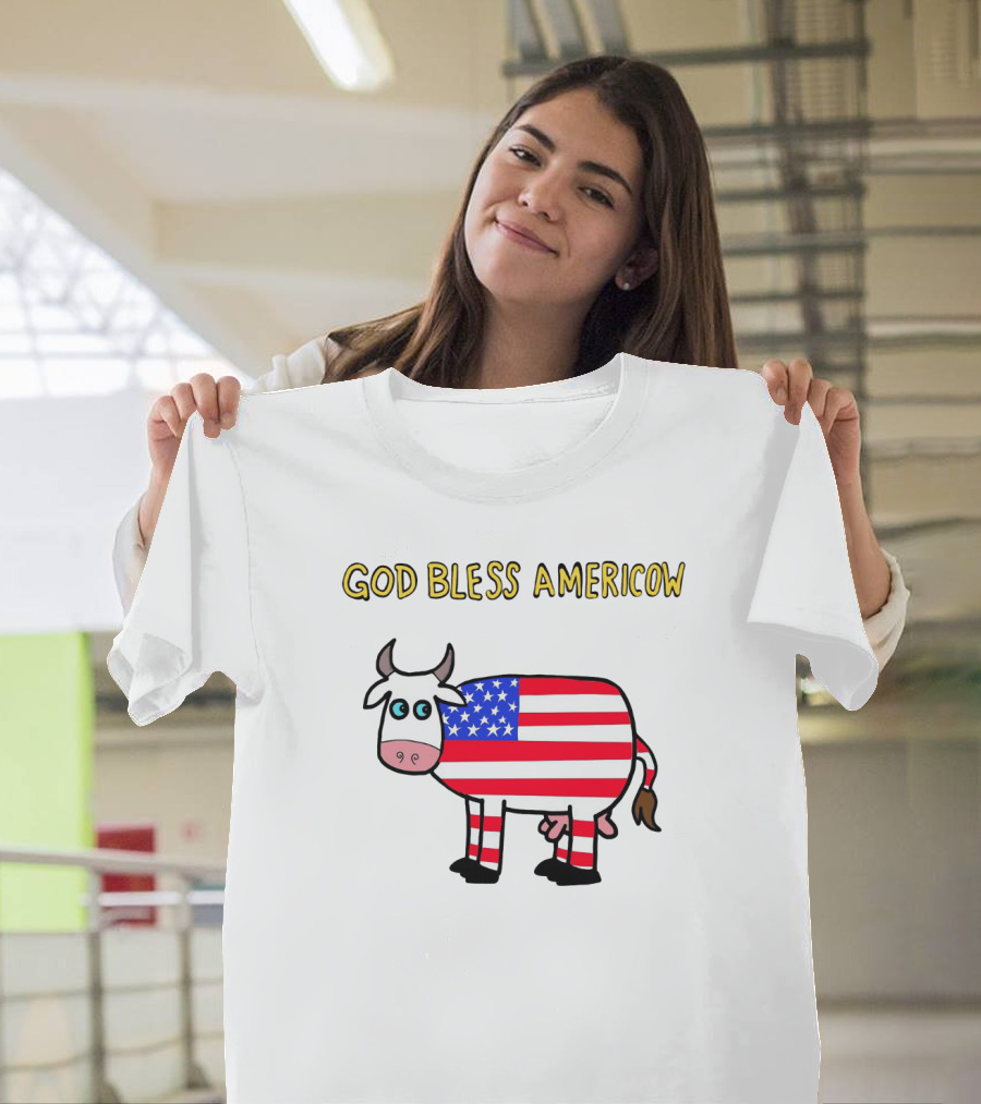God Bless Americow Patriotic Cow with American Flag T-Shirt