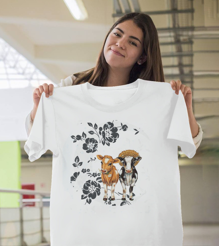 I Love Cows to the Moon and Back Floral Black and White Cow T-Shirt