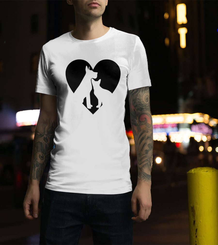Love Animals Heart Silhouette Featuring Dog And Cat T-Shirt