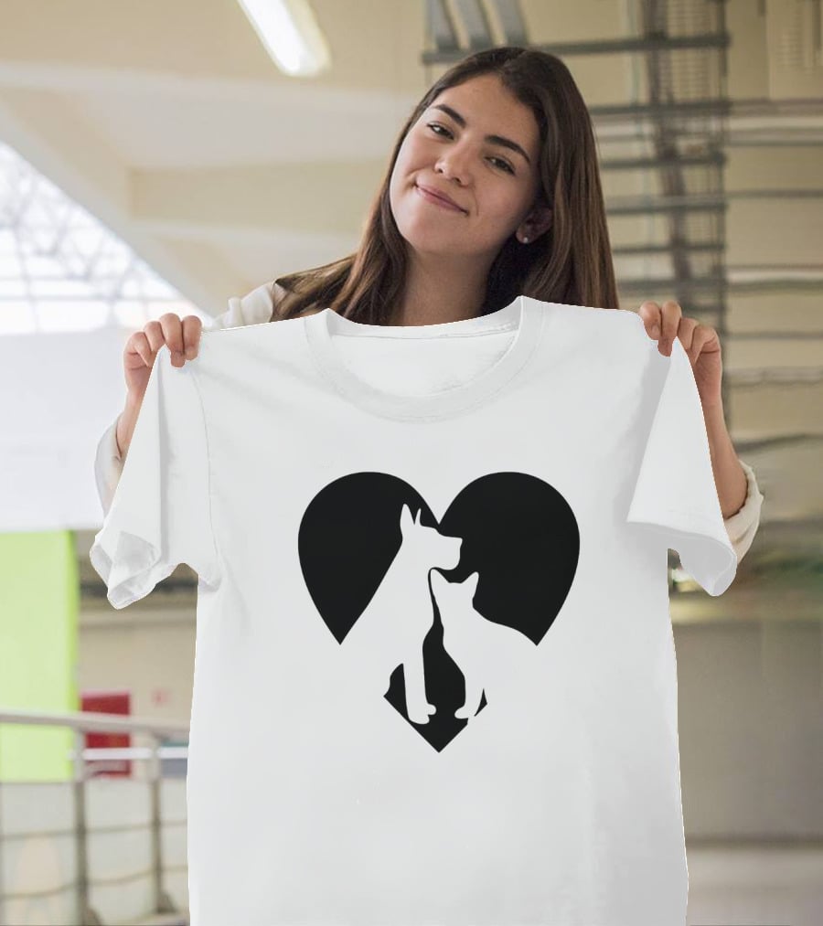Love Animals Heart Silhouette Featuring Dog And Cat T-Shirt