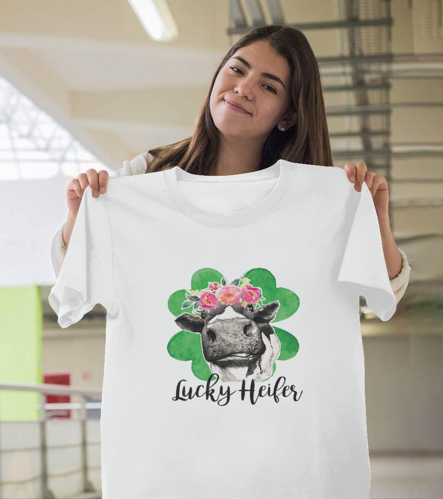 Lucky Heifer Cow with Floral Crown and Four-Leaf Clover T-Shirt
